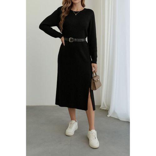 Kadın Uzun Kollu Bisiklet Yaka Yandan Yırtmaçlı Midi Triko Elbise