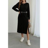 Kadın Uzun Kollu Bisiklet Yaka Yandan Yırtmaçlı Midi Triko Elbise