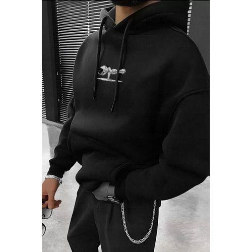 Erkek Baskılı Kapüşonlu Ve Kordon İpli Sweat - Siyah