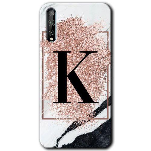 Huawei P Smart S Kılıf HD Desen Baskılı Arka Kapak - Pembe Mermer Desenli K Harfi + Kırılmaz Cam