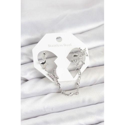 Pirinç Gümüş Renk Kelebek Model Zincir Bağlantılı Ear Cuff Küpe Seti - TJ-BKP11535