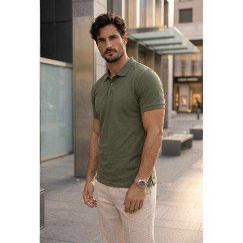 Orlando Polo Yaka Pike Kumaş Relaxed Fit Basic Düğmeli Relaxed Fit Erkek T-Shirt - Haki