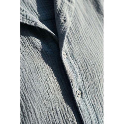 Yarım Oversize Apaş Yaka Kısa Kol Müslin Kumaş Erkek Gömlek - Soğuk Mavi