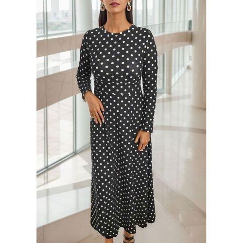 Kadın Siyah Tam Boy Beyaz Puantiyeli Elbise