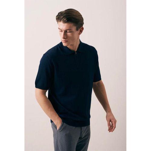 Ritchie Fermuarlı Polo Yaka Dikey Çizgili Kısa Kollu İnce Triko Erkek T-Shirt - Lacivert