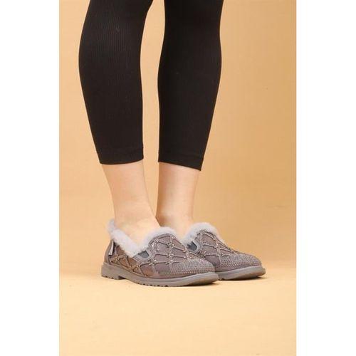 Selaro Gri Renkli Taşlı Desenli İçi Kürklü Kışlık Günlük Ayakkabı