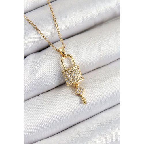 316L Çelik Zirkon Taşlı Kilit Ve Sallantılı Anahtar Model Gold Renk Kadın Kolye