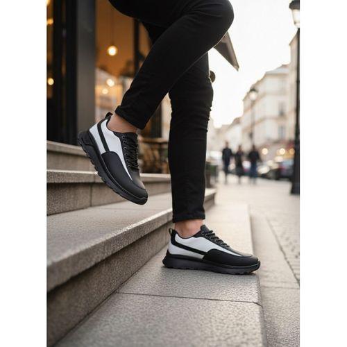 BA0246 Siyah Beyaz Parçalı Bağcıklı Yüksek Taban Günlük Erkek Ayakkabı