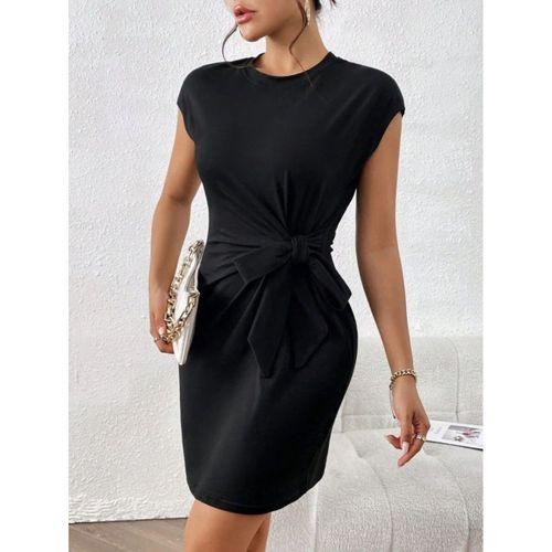 Kadın Kısa Kap Kollu Bisiklet Yaka Belden Bağlamalı Modal Mini Elbise