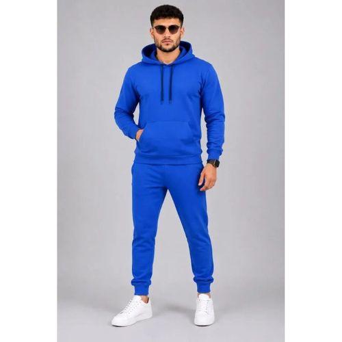 Erkek İki İplik Kapüşonlu Kanguru Cepli Sweatshirt Jogger Pantolon Alt Üst Eşofman Takımı -Saks Mavisi