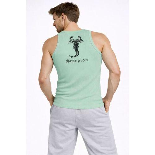Erkek Fitilli Atlet Sıfır Yaka Slim Fit Arka Baskılı Spor Atlet - Mint Yeşili
