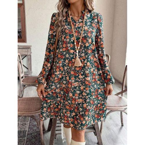 Kadın Uzun Kollu V Yakalı Desenli Modal Mini Elbise