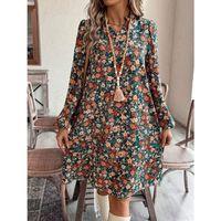 Kadın Uzun Kollu V Yakalı Desenli Modal Mini Elbise