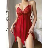 Kadın Kırmızı Kelebek Detaylı Tül Fantezi Gecelik 2246