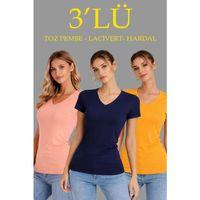 3lü V Yaka Tişört – Kısa Kollu Yazlık Slim Fit Body - Toz Pembe, Lacivert, Hardal