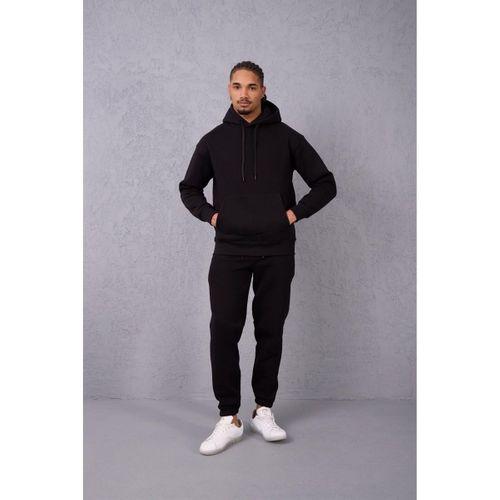 Şardonlu Kanguru Cepli Sweatshirt - 3 İplik Şardonlu Lastik Paça Erkek Eşofman Altı- Eşofman Takımı - Siyah