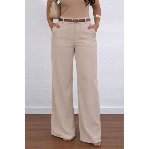 Kadın Yüksek Bel Geniş Paça Detaylı Cepli Ithal Krep Pantolon