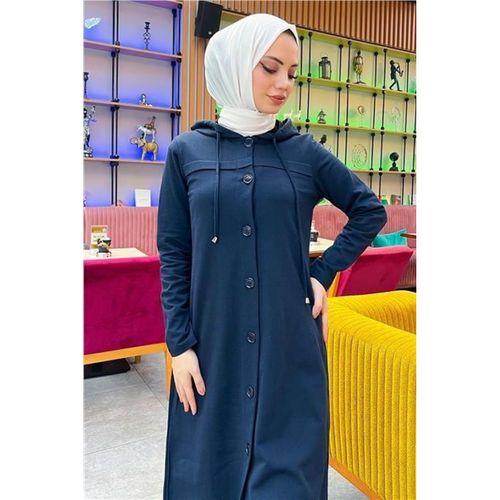 Kapşonlu Düğmeli Sade Basic Uzun Tunik ve Pantolon İkili Spor Takım - 03072.015 - Lacivert