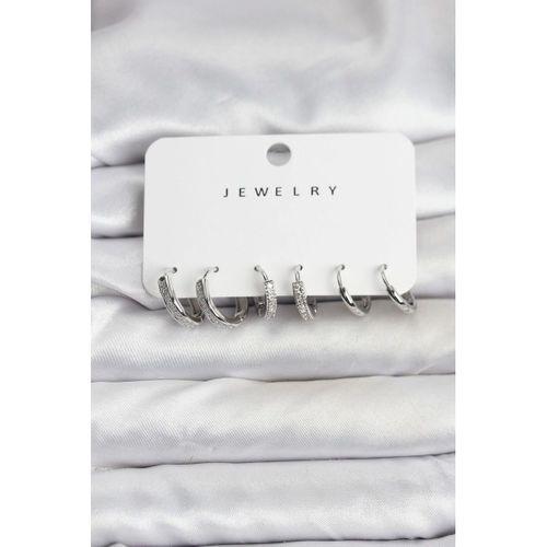 Zirkon Taşlı Gümüş Renk Pirinç Kadın Küpe Seti