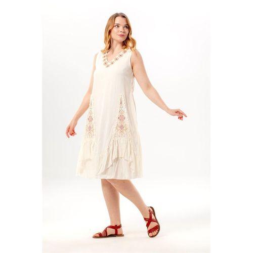 Kolsuz Begüm V Yaka Yazlık Nakışlı Otantik Vual Kısa Elbise Krem Krm