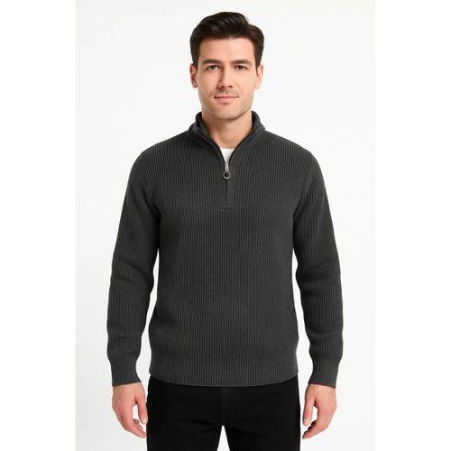 Erkek Yarım Fermuarlı Triko Kazak – Selanik Örgü, Dik Yaka, Pamuklu Dokuma, Regular Fit Uzun Kollu Kışlık Model - Füme