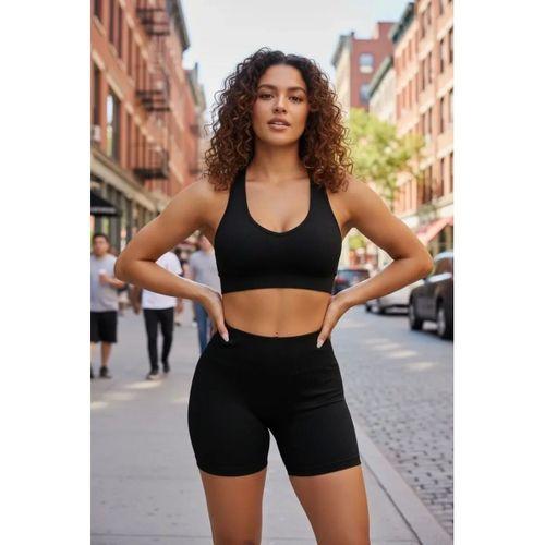 Kadın Siyah Fit Görünümlü Yüksek Bel Spor Crop Top Şort Takımı