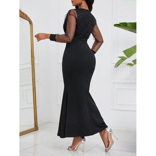 Kadın Uzun Kollu Kruvaze Yakalı Taş Ve Tül Detaylı Uzun Ithal Krep Elbise