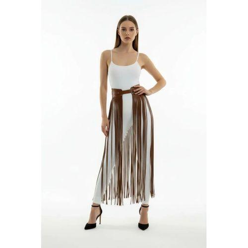 Kahverengi Etek Kalın Kemerli Uzun İp Detaylı Etek - Brf1003