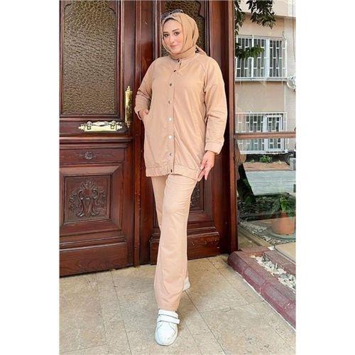 Çıtçıtlı Yandan Cepli İkili Sade Basic Eşofman Spor Takımı - 12009.026 - Bej