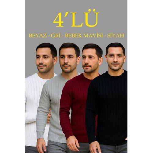Erkek Fitilli Triko Kazak 4’lü Set Beyaz Bordo Gri Siyah Regular Fit Bisiklet Yaka Kazak Triko Kombini