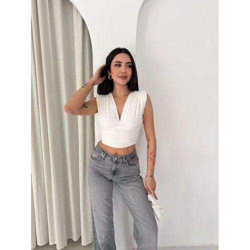 Vatkalı Kolsuz V Yaka Drapeli Crop Bluz Likralı Fit - Beyaz