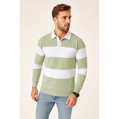 Erkek Polo Yaka Uzun Kollu Çizgili Sweatshirt Trend Rugby Stil - Mint Yeşili