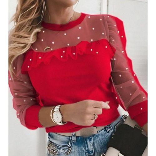 Kadın Uzun Kollu Inci Detaylı Tüllü Viskon Bluz