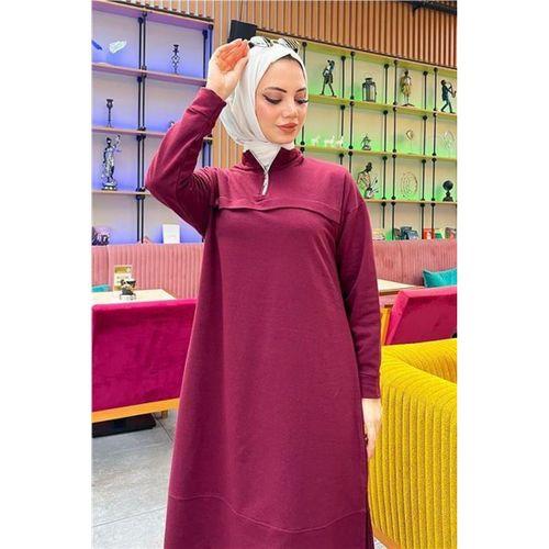 Dik Yaka Kısa Fermuarlı Yırtmaçlı Sade Basic Uzun Tunik ve Pantolon İkili Spor Takım - 03062.009 - Bordo