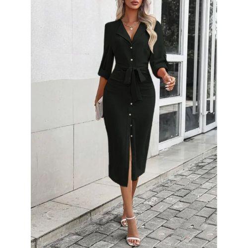 Kadın Uzun Kollu önden Düğmeli Beli Kuşaklı Aerobin Midi Elbise