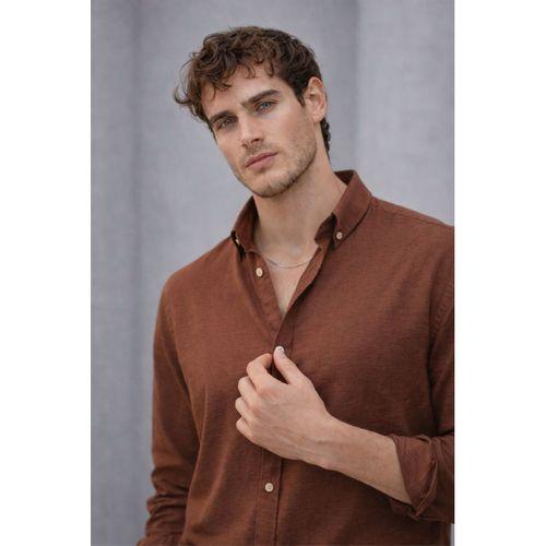 Scott – Soft Dokulu Yarım Oversize Modern Keten Görünümlü Erkek Gömlek- Kahve