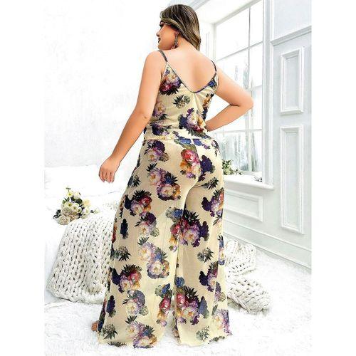 Özel Tasarım Büyük Beden Çiçek Desenli İnce Askılı 2'li Pijama Takımı