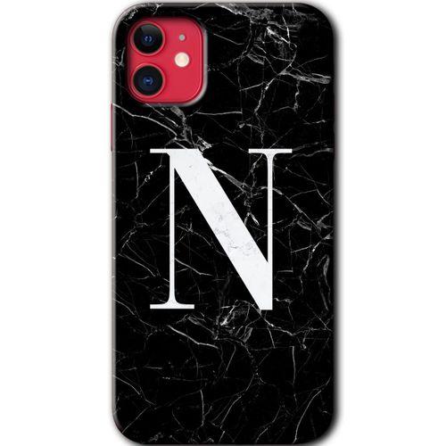 MRCİLETİSİM iPhone 11 Kılıf Baskılı Kapak - Siyah Mermer Desenli N Harfi + 5D Tam Kaplayan Cam