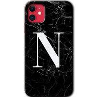 MRCİLETİSİM iPhone 11 Kılıf Baskılı Kapak - Siyah Mermer Desenli N Harfi + 5D Tam Kaplayan Cam