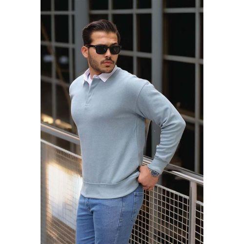 Polo Yaka Selanik Örme Kumaş Erkek Sweatshirt - Soğuk Mavi