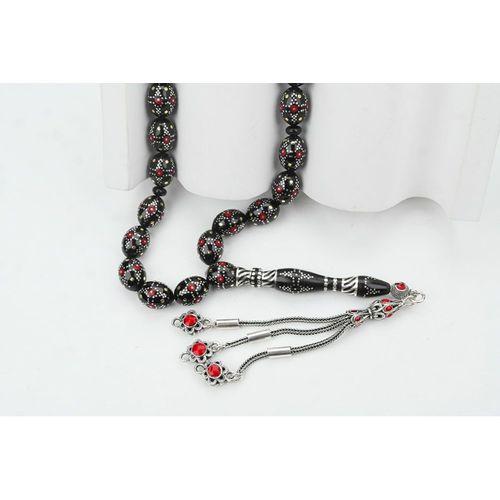 Kule Model Gümüş İşlemeli Oltu Sıkması Tespih