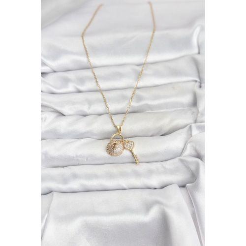 316L Çelik Zincir Gold Renk Kilit Anahtar Model Zirkon Taşlı Kadın Kolye