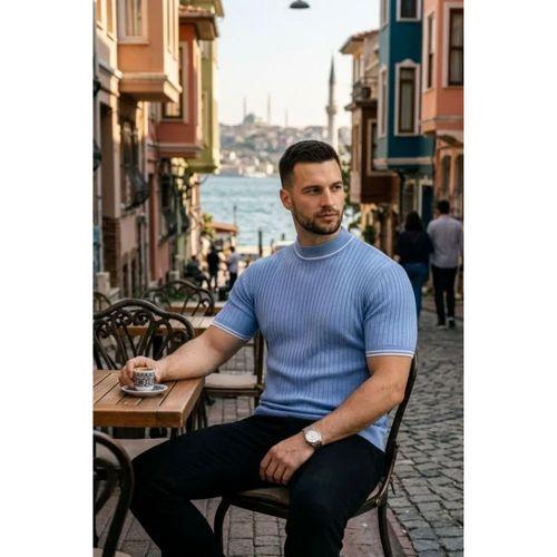 Erkek Fitilli Triko Dokuma Kısa Kol Tişört Yarım Boğaz Modern Yazlık T-Shirt - Bebe Mavisi
