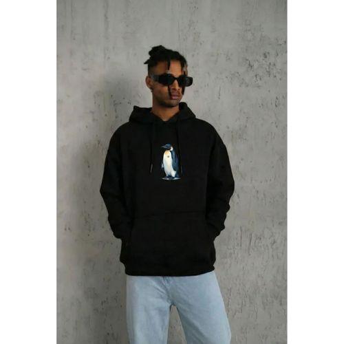 Siyah Oversize Hoodie - Sırt Baskılı Survivor Penguin Temalı, Felsefi Yazılı Kapüşonlu Sweatshirt - Siyah