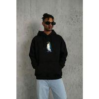 Siyah Oversize Hoodie - Sırt Baskılı Survivor Penguin Temalı, Felsefi Yazılı Kapüşonlu Sweatshirt - Siyah