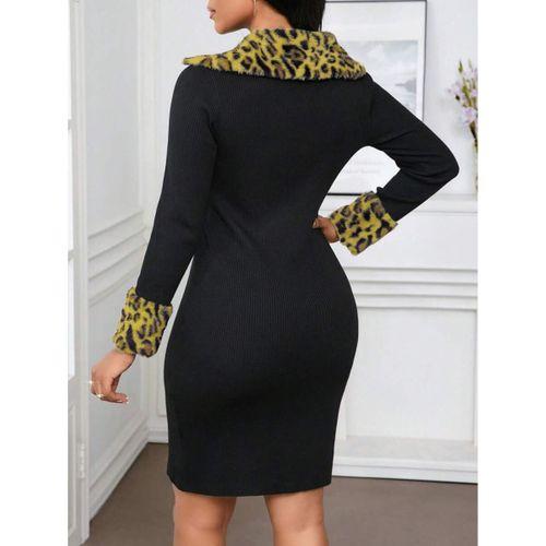 Kadın Uzun Kollu V Yakalı Kürk Detaylı Kaşkorse Elbise