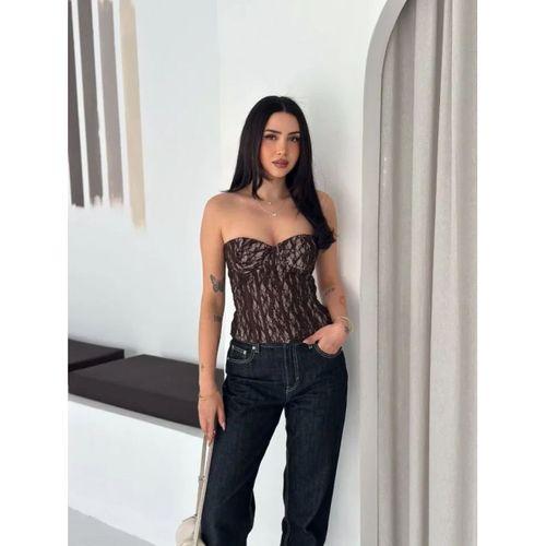 Fermuarlı Dantel Korse Straplez Bustiyer Transparan Şık Top - Kahverengi