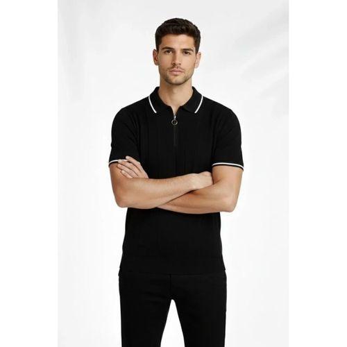 Erkek 2’li Paket Dokuma Triko  Fermuarlı Yakalı Fitilli Kısa Kollu Regular Fit Tişört - Haki - Siyah