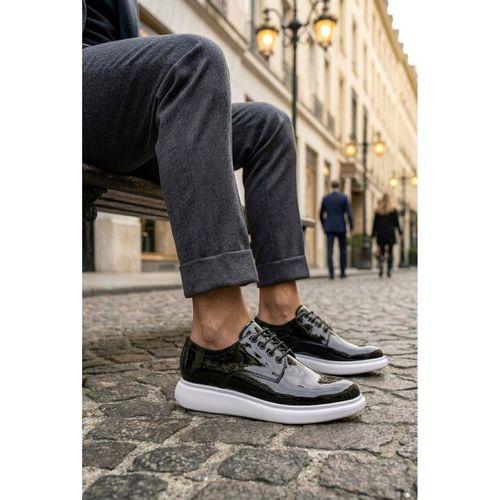 BA0003 Siyah Bağcıklı Rugan Beyaz Taban Erkek Klasik Ayakkabı