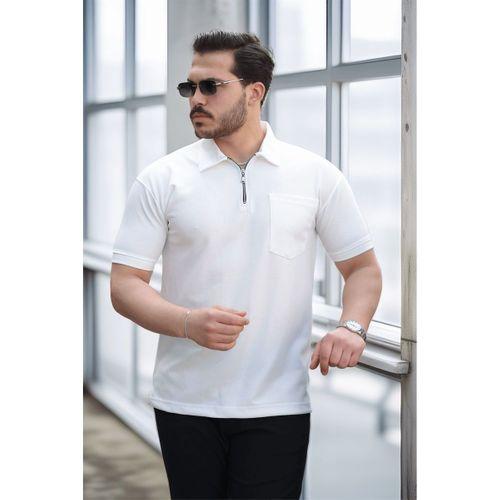Yarım Fermuar Tek Cepli Erkek T-Shirt - Beyaz
